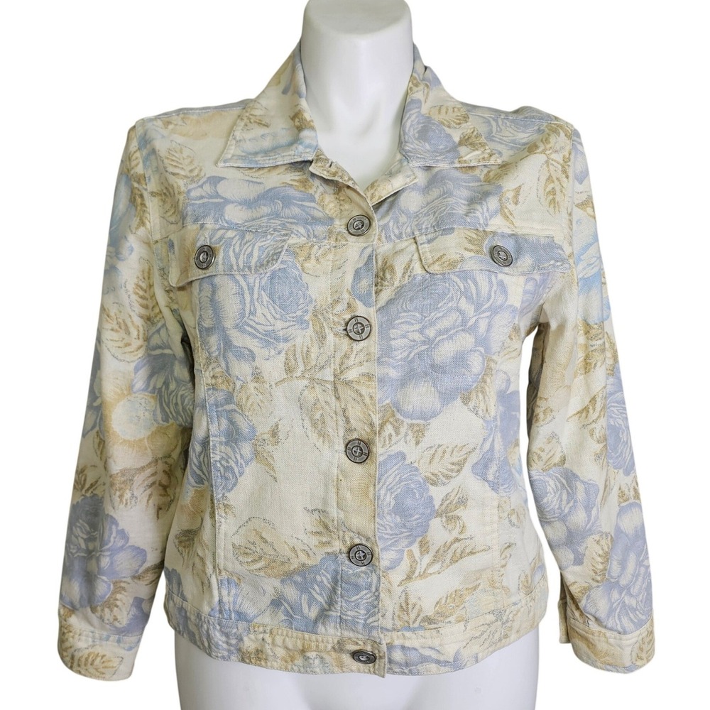 Bill Blass Jeanswear Women Blue Floral Linen Cotton Button Front Jacket L